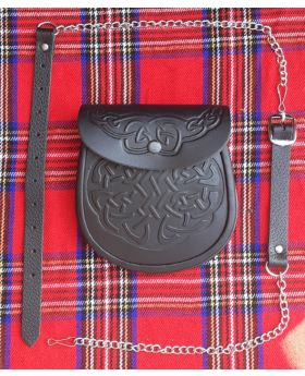 Welsh Celtic Embossed Black Leather Sporran With Dragon Badge
