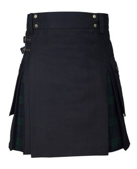Black Cotton & Black Watch Tartan Hybrid Kilt