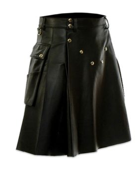 Cargo Pockets Black Leather Kilt