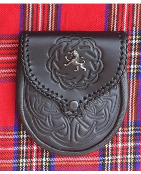 Celtic Embossed Black Leather Sporran With Anitque Lion Badge