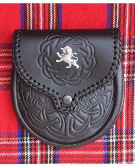Celtic Embossed Black Leather Sporran With Chrome Lion Badge