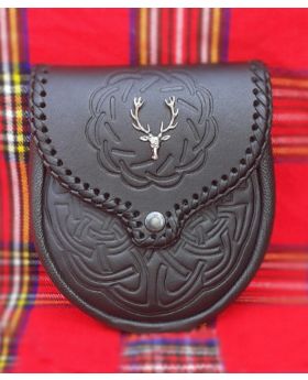 Celtic Embossed Black Leather Sporran With Stag Head