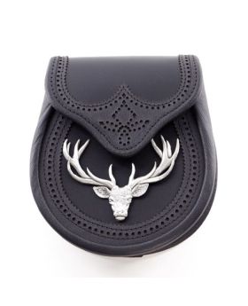 Black Leather Sporran with Large Stag Head Emblem
