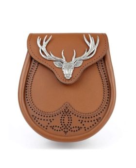 Tan Leather Sporran With Stag Head Plate